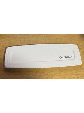 Mud Pie White Rectangular Ceramic "Celebrate" Serving Platter Plate 16" Modern D
